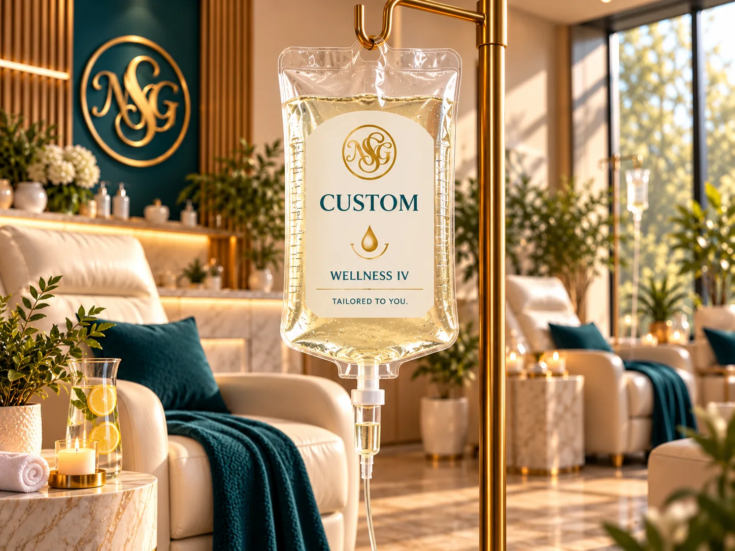 A clear IV bag with an NSG Custom label hanging in a sunlit lounge