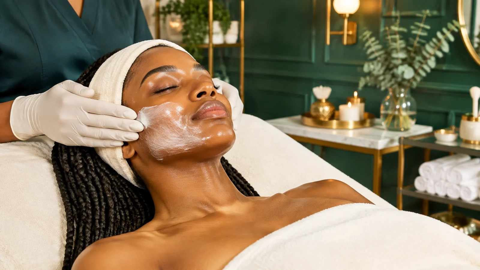 A facial mask being applied to a client with braids in the skin studio