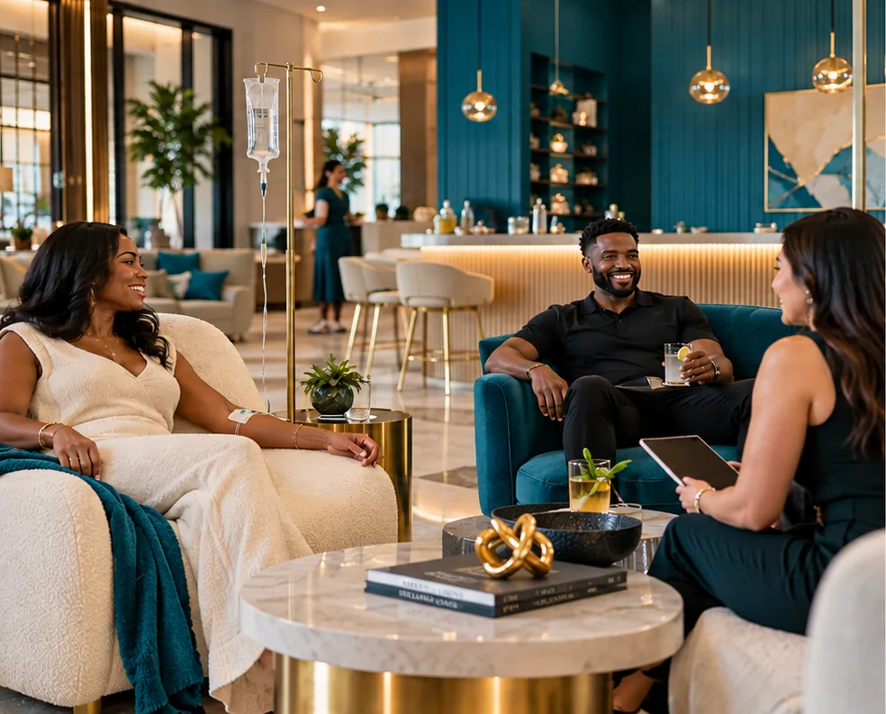 Guests talking together in the NSG Living lounge