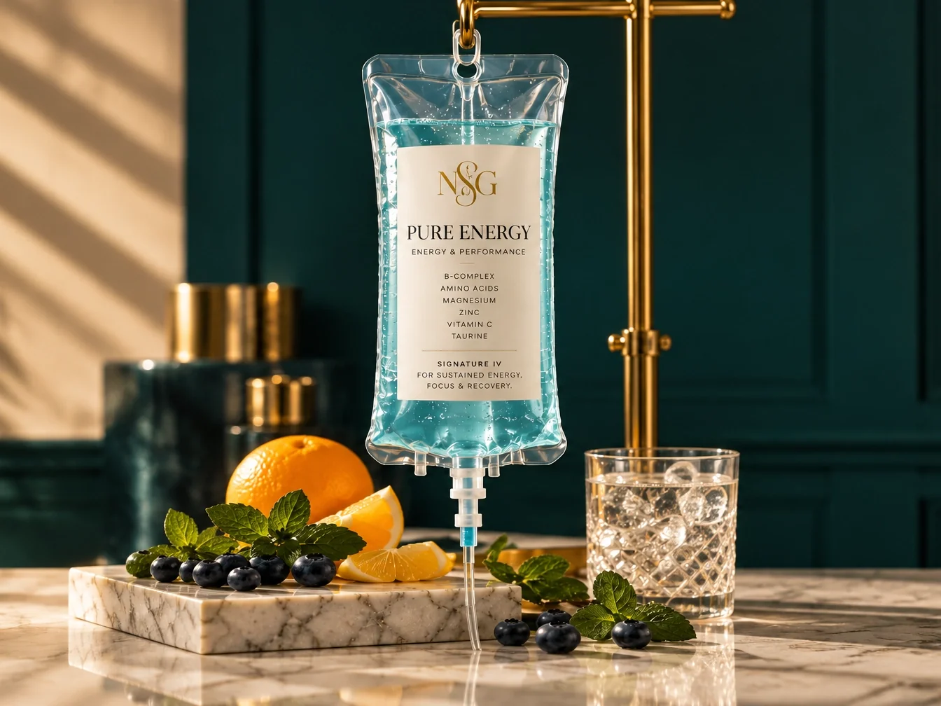 A clear IV bag with an NSG Pure Energy label in a sunlit lounge