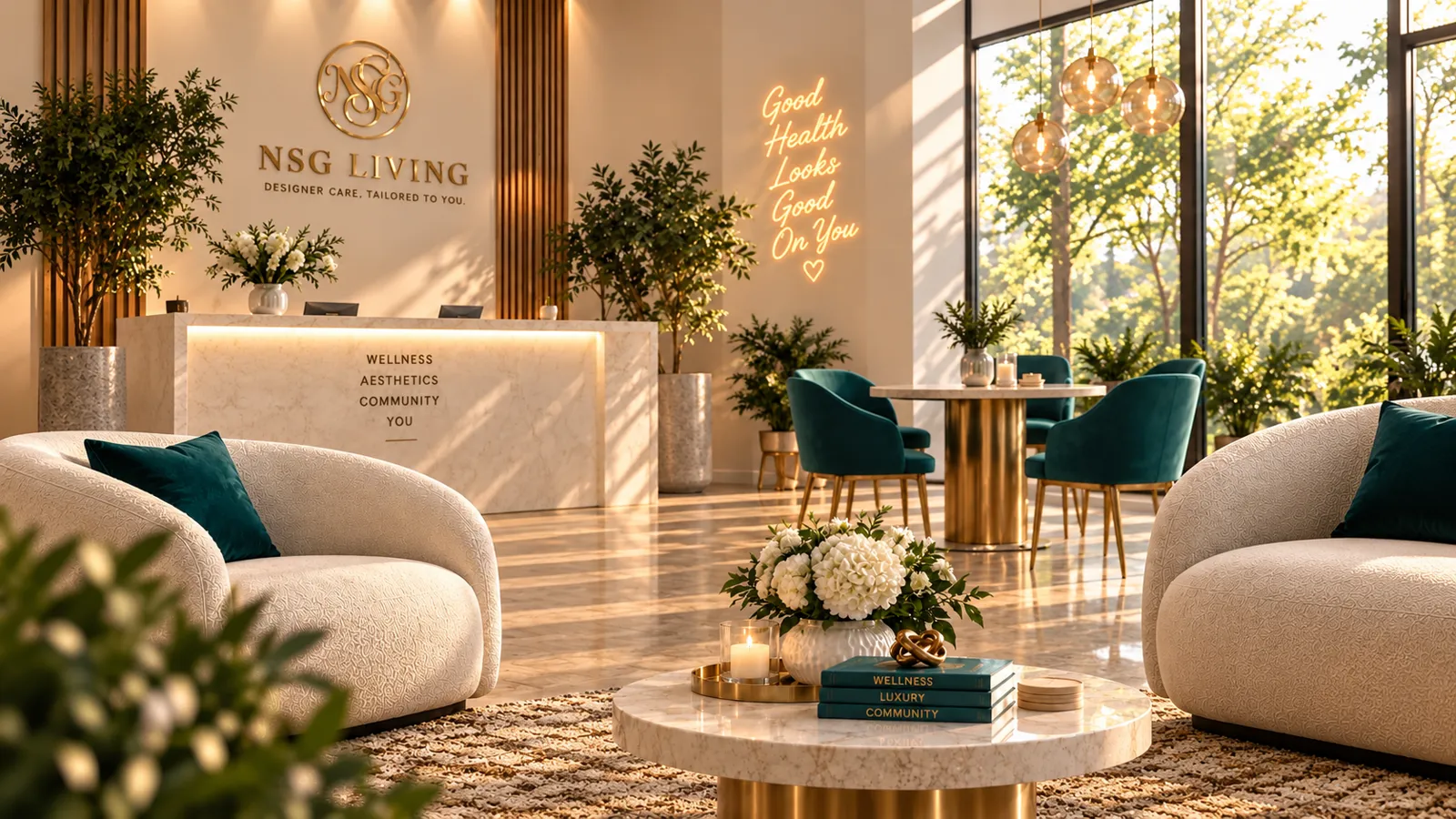 The NSG Living lobby and sign