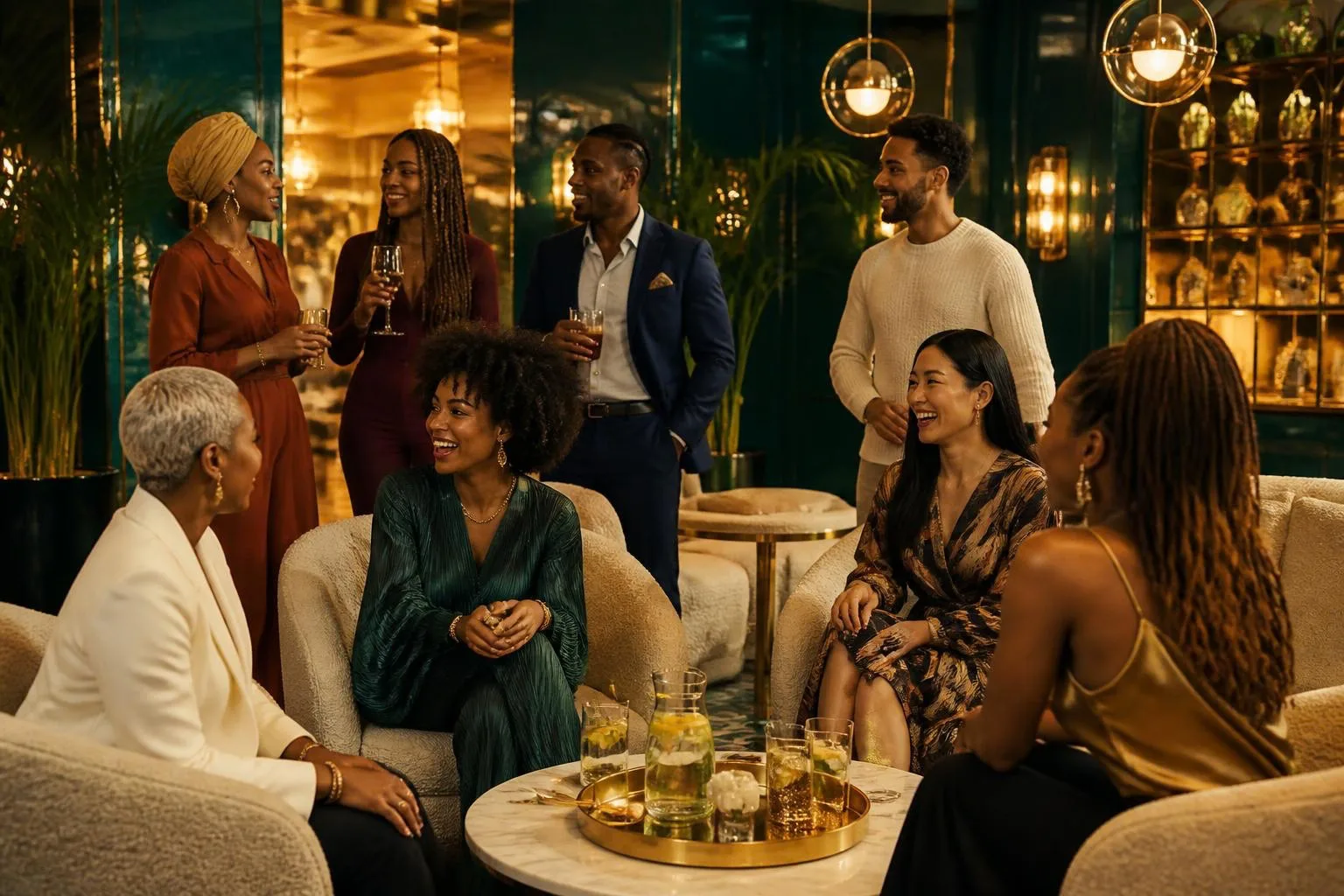 Guests mingling at a wellness social in the teal and gold lounge