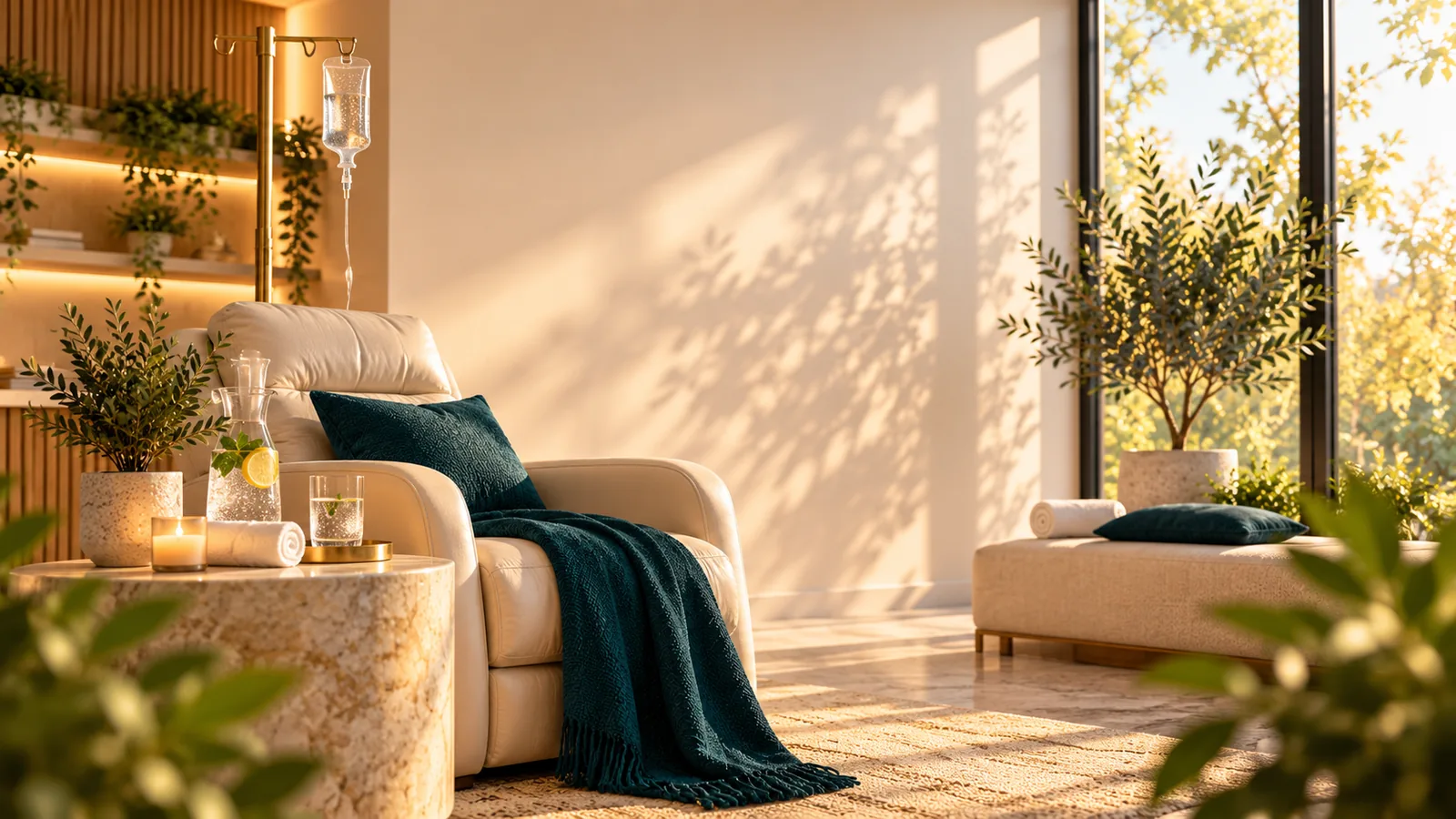 A cream treatment recliner with a teal throw beside an IV pole in a sunlit lounge