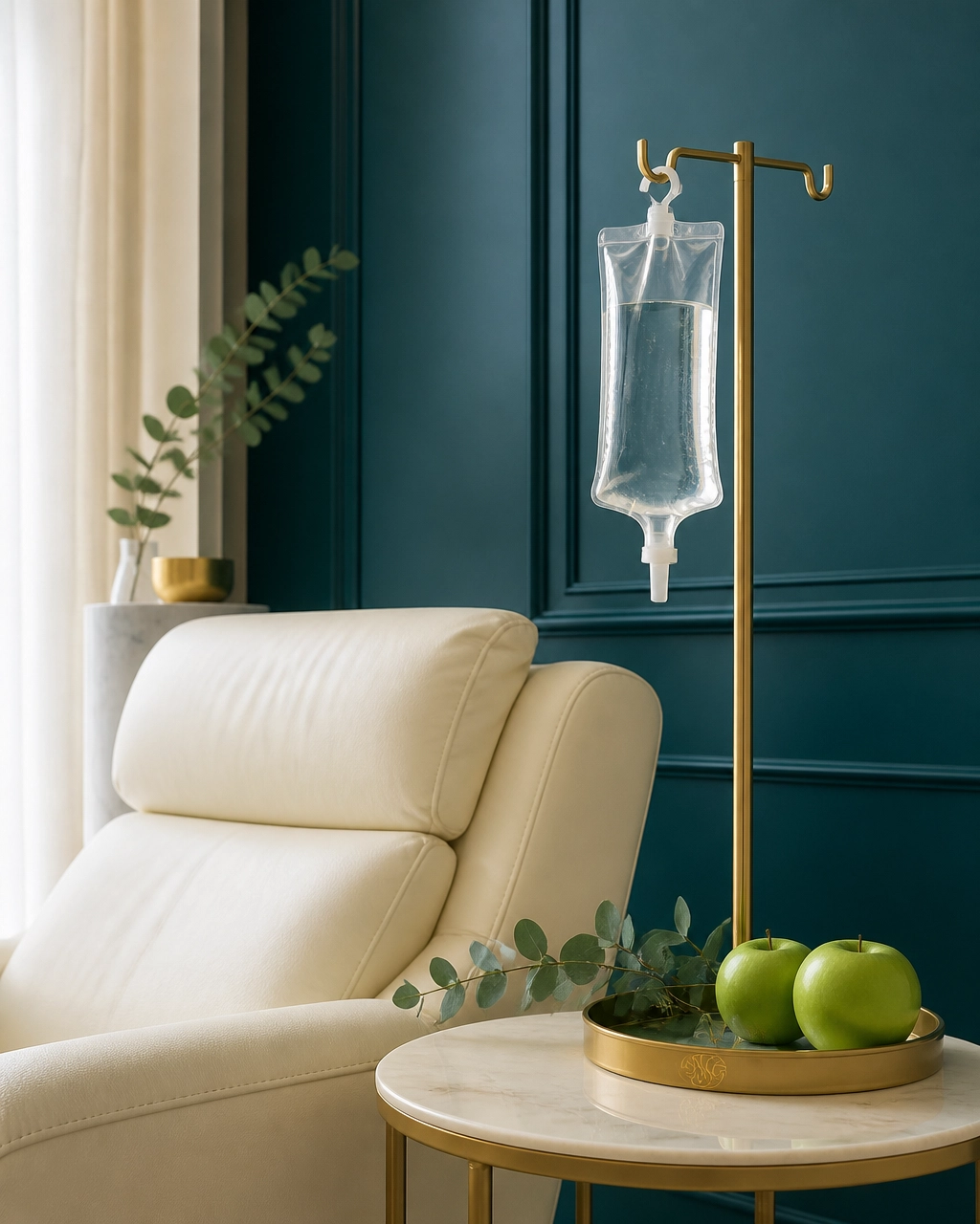 A cream treatment chair beside a clear IV bag, with eucalyptus and green apples on a marble side table