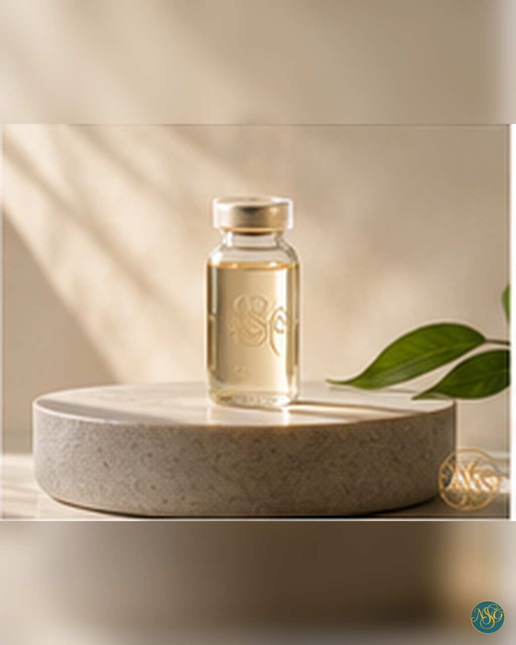 A cream marble tray with a blank amber vial in soft daylight