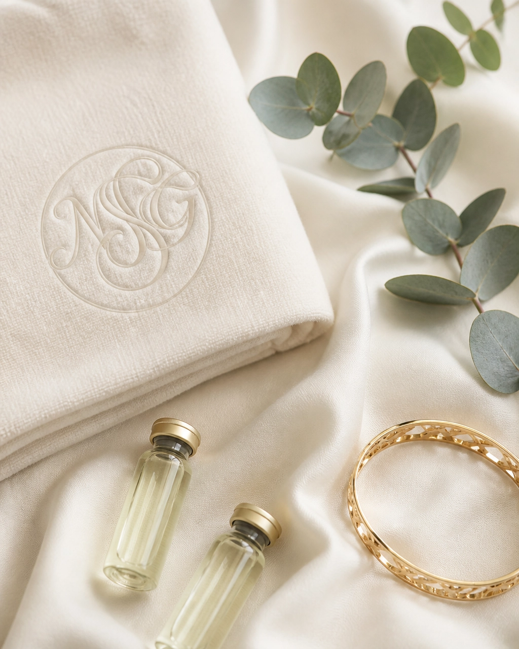 An embroidered NSG towel, eucalyptus, two clear bottles and a gold bracelet on cream satin