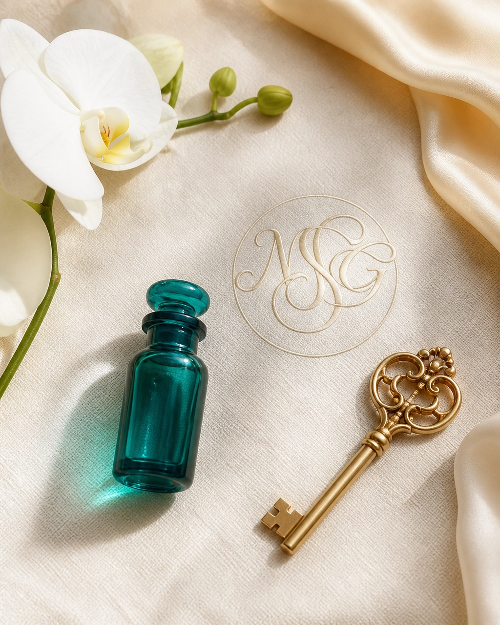 A teal bottle and gold key on cream fabric with an embroidered NSG monogram and a white orchid