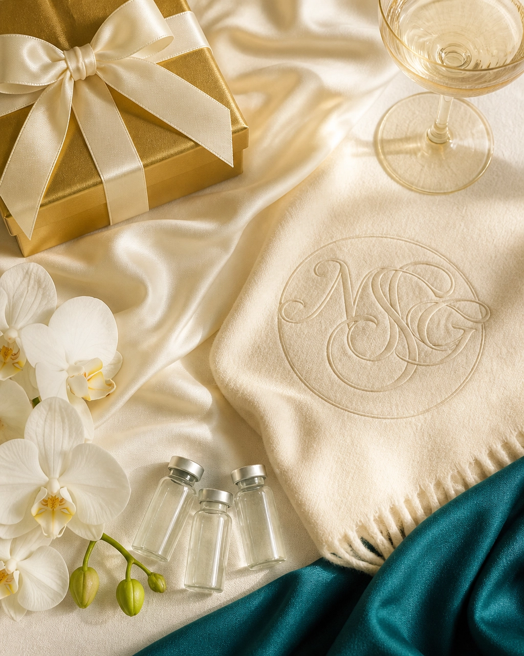 A gold gift box, glasses and clear bottles on cream NSG-monogrammed satin beside teal fabric